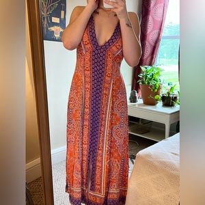 Orange Boho Hippie Patterned Halter Maxi Dress